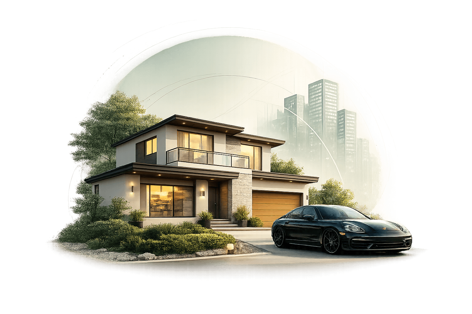 Modern home and black Porsche against a subtle city skyline